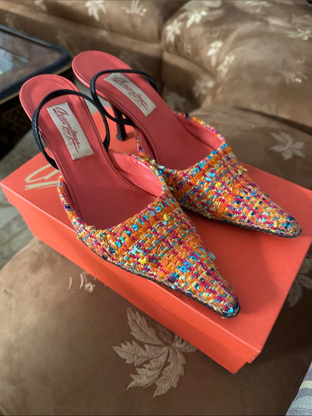 Multicolor Tweed Slingback Pointed Heels - Blue, Orange, Pink Insole